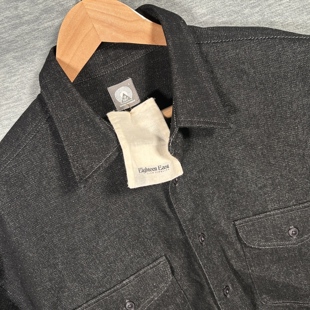 18 East Roomet Shirt Mens L Black Denim Long Sleeve Utilitarian Work Button NEW